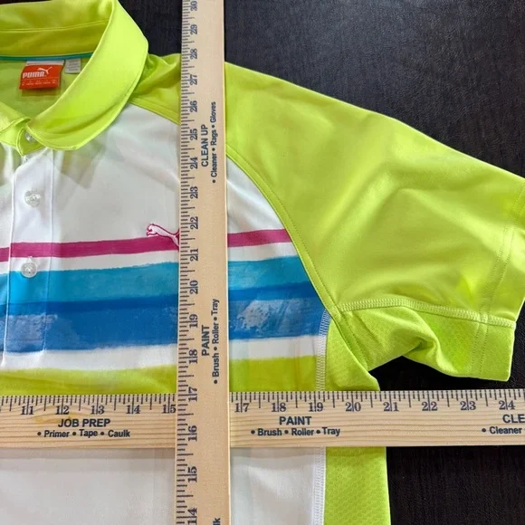 Puma Men's Short Green Blue Striped Dry Cell Button Shirt Sz M - Picture 3 of 12